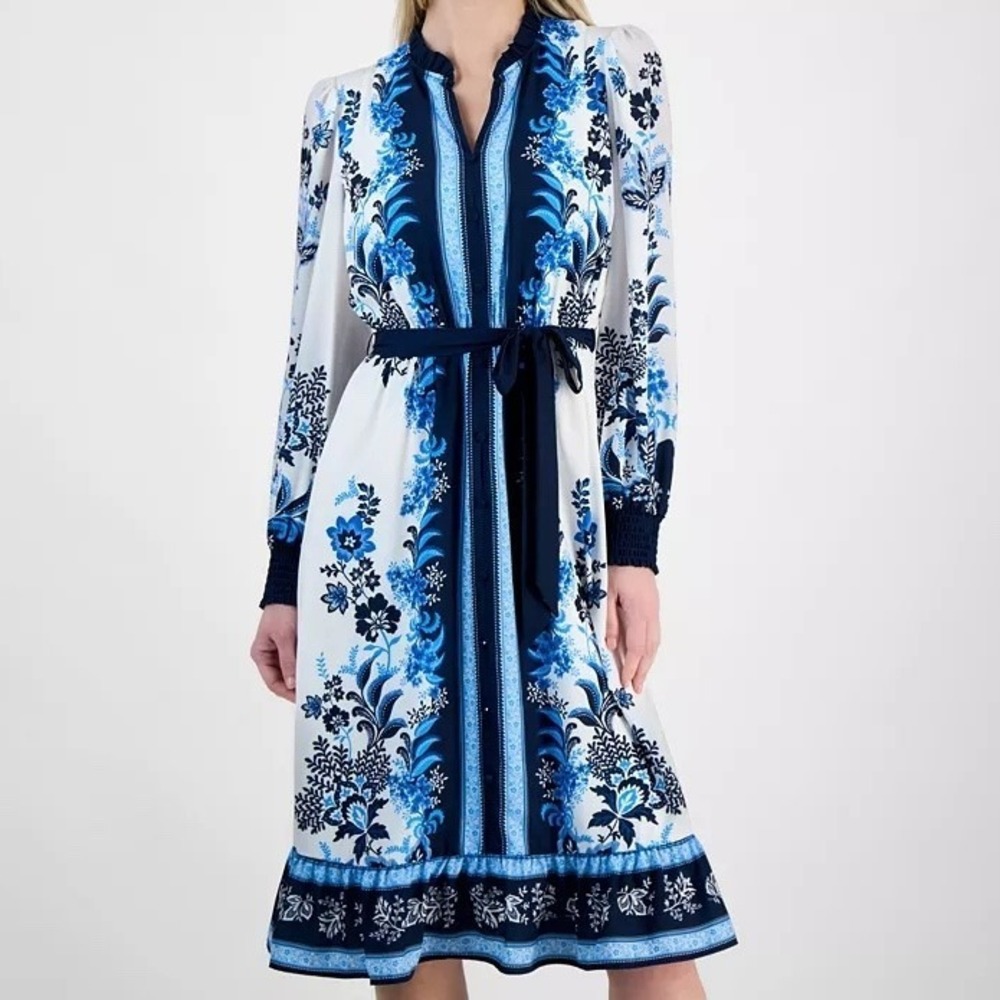 T Tahari Floral Print Belted Midi Dress Marina Garden Blue V Neck Womens Size L